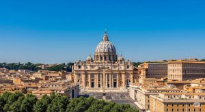 Aerial view of St. Peter's Basilica in Rome, Italy, with its iconic dome and surrounding architecture.